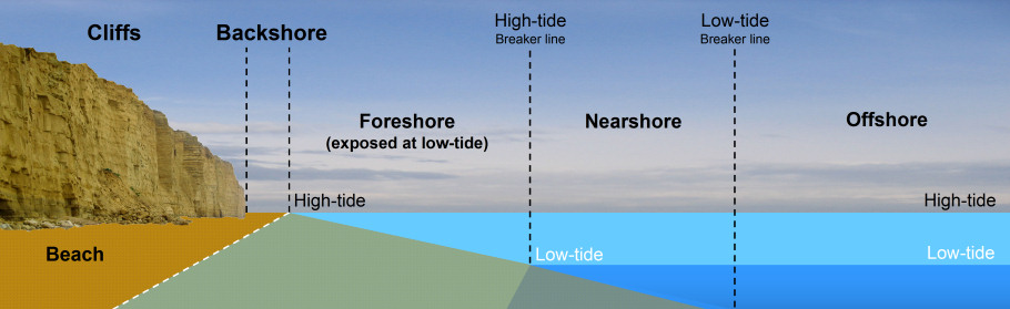 Beach diagram showing foreshore backshore nearshore and offshore
